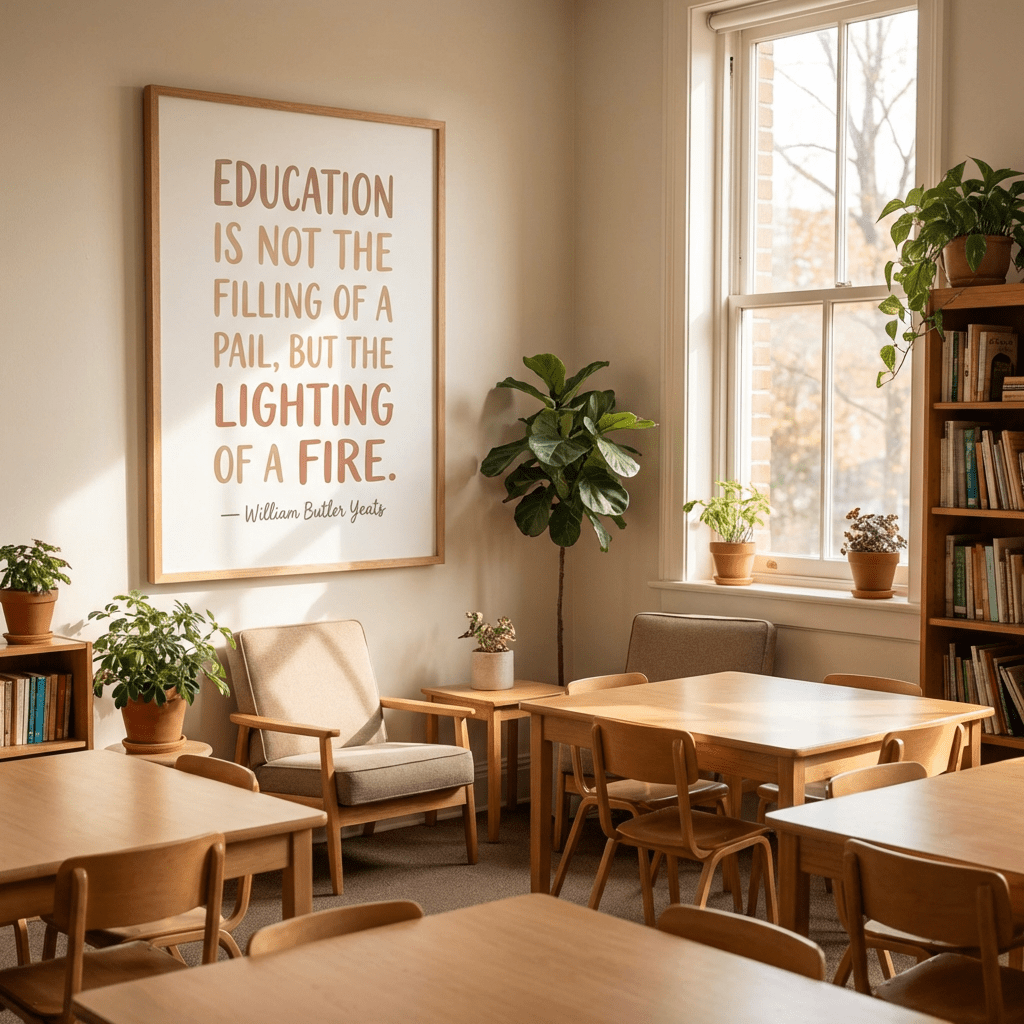 Poster reading: EDUCATION IS NOT THE FILLING OF A PAIL, BUT THE LIGHTING OF A FIRE. — William Butler Yeats.