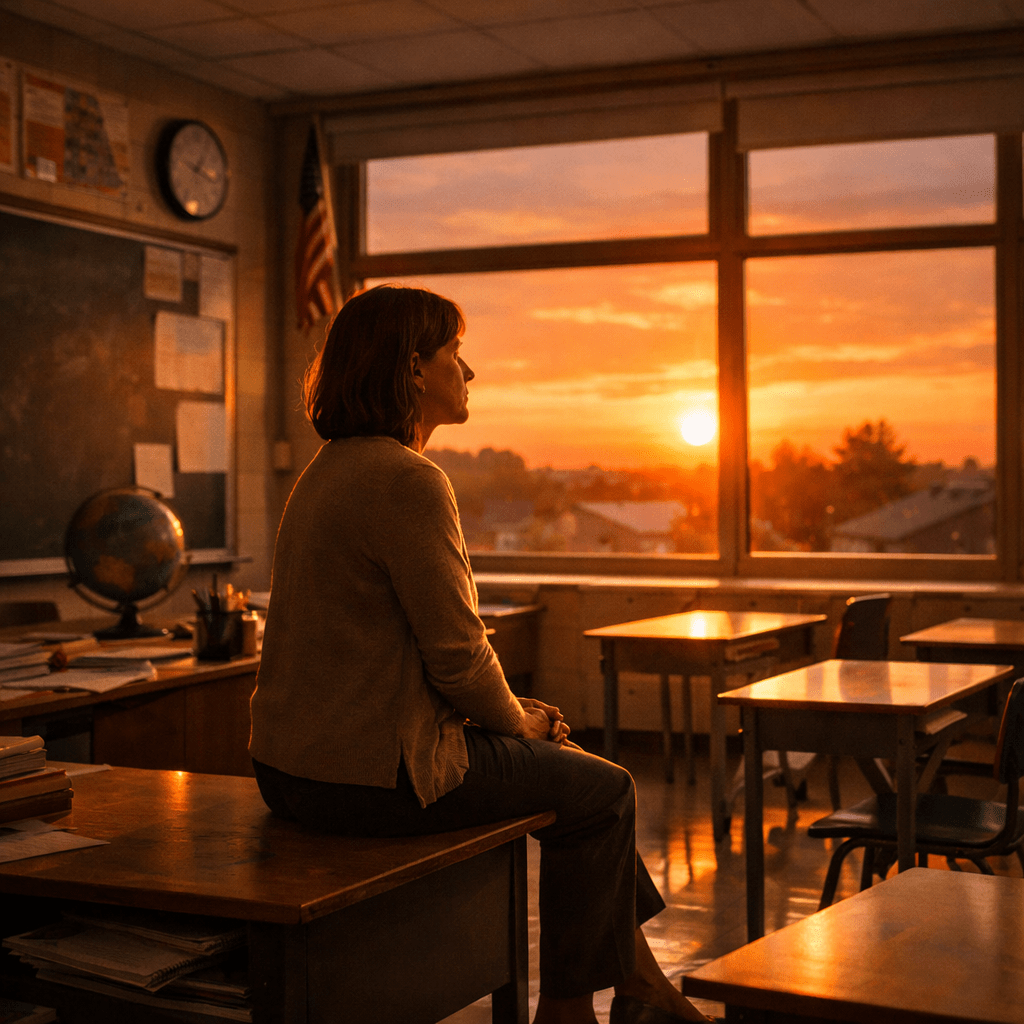 Teacher sitting on desk in empty classroom looking out at sunset