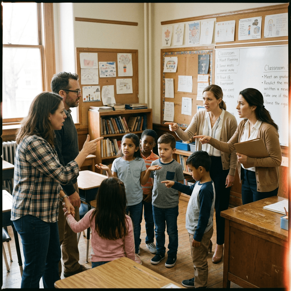 Group of teachers, parents, and children standing and pointing fingers in a classroom