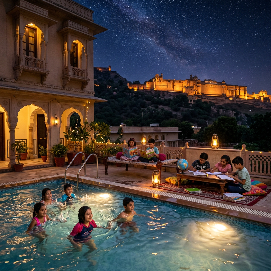 Children swimming, reading, studying under starry Jaipur sky