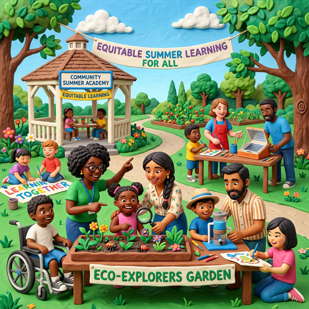 Children and adults participating in summer learning at Eco-Explorers Garden and Community Summer Academy gazebo