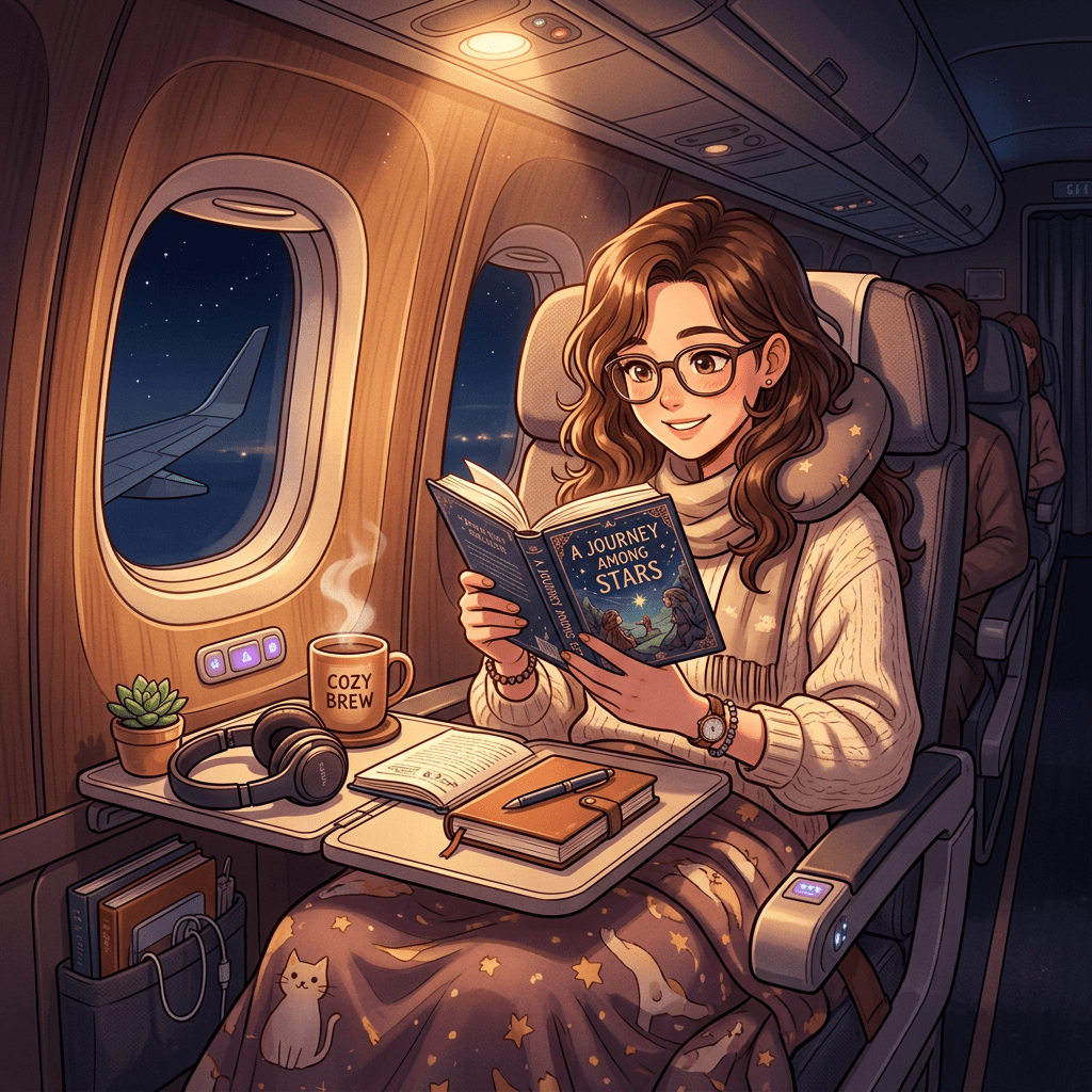 Young woman reading a book titled 'A Journey Among Stars' on an airplane at night with a cup of coffee, headphones, and journal on the tray table.