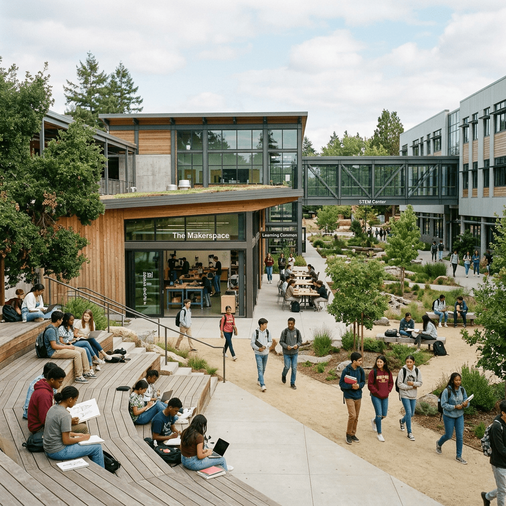 Students sitting, walking, and working near Makerspace and STEM Center on campus