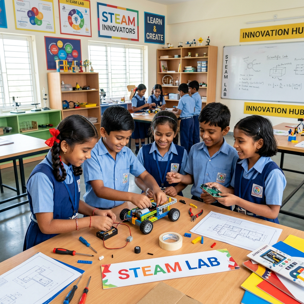 Indian primary children in STEAM lab activity