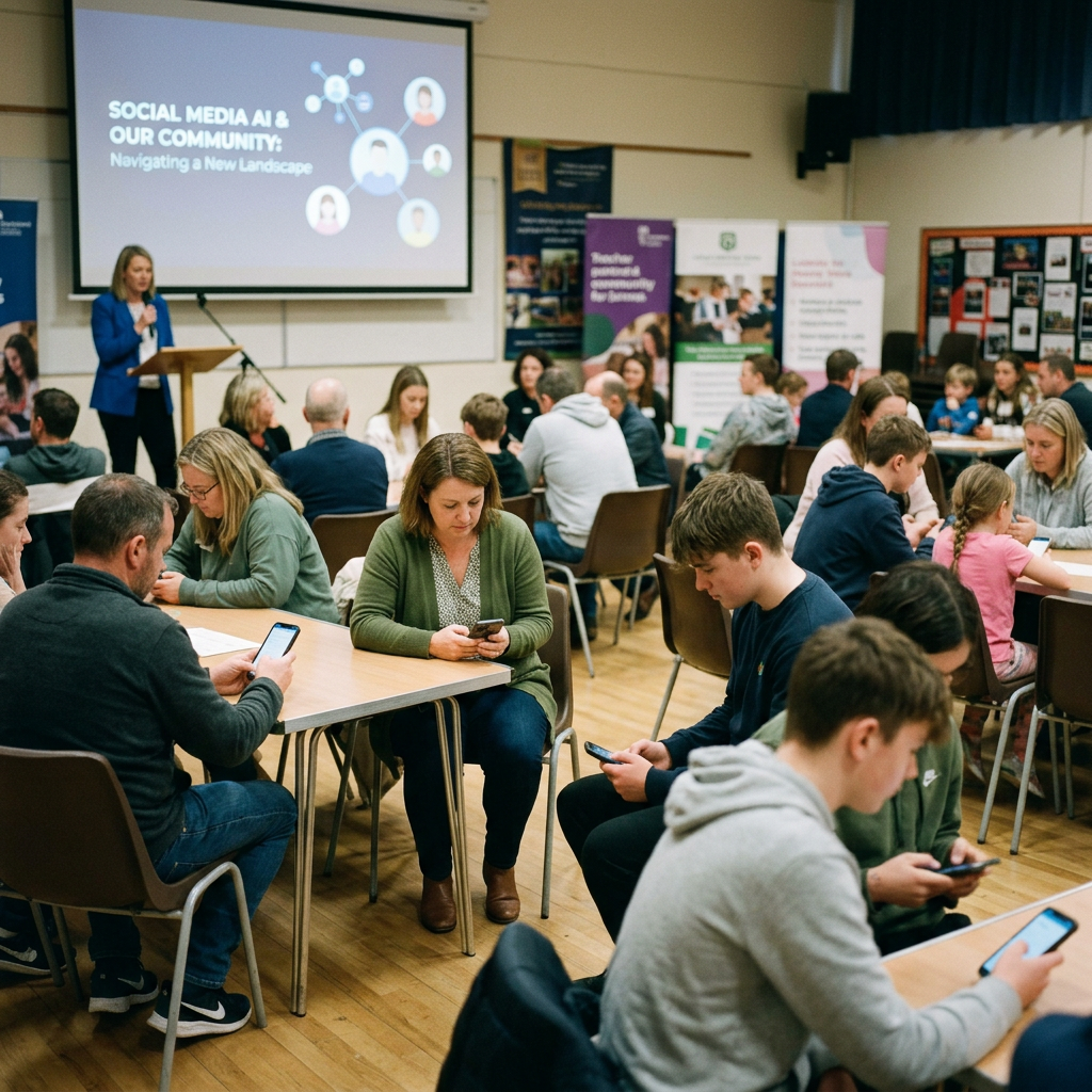 Audience members using mobile phones at a community workshop on social media AI