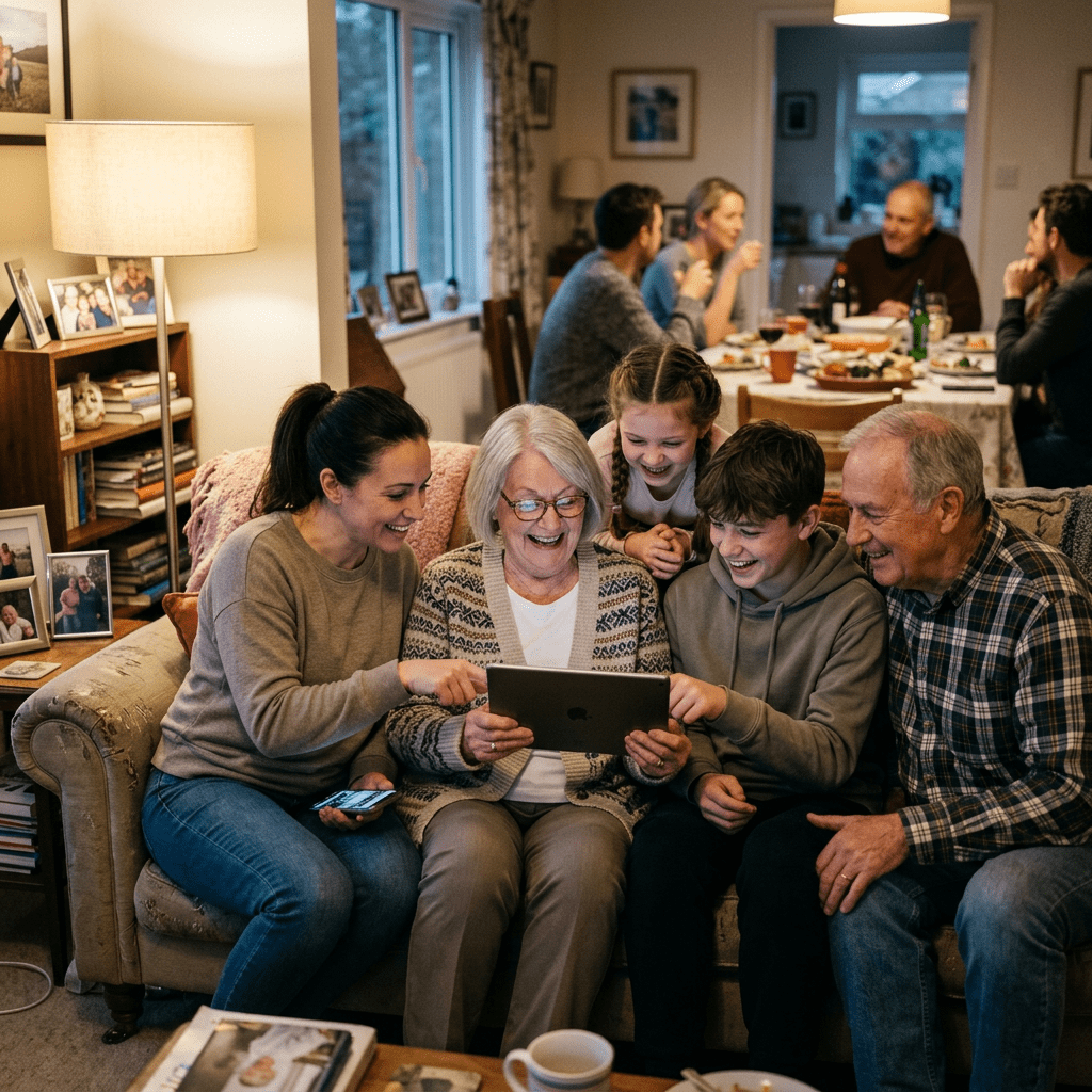 Grandmother with family enjoying a tablet on a couch