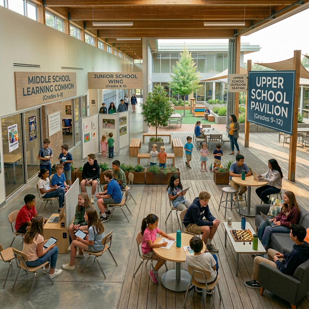 School common area featuring middle school, lower school play zone, and upper school lounge with students