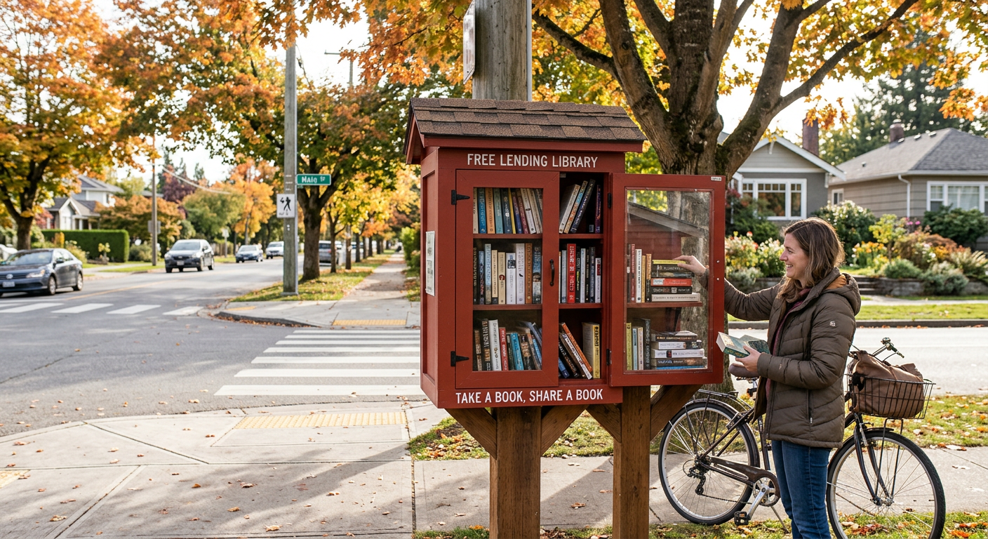 Woman taking a book from a free lending library box by the sidewalk
