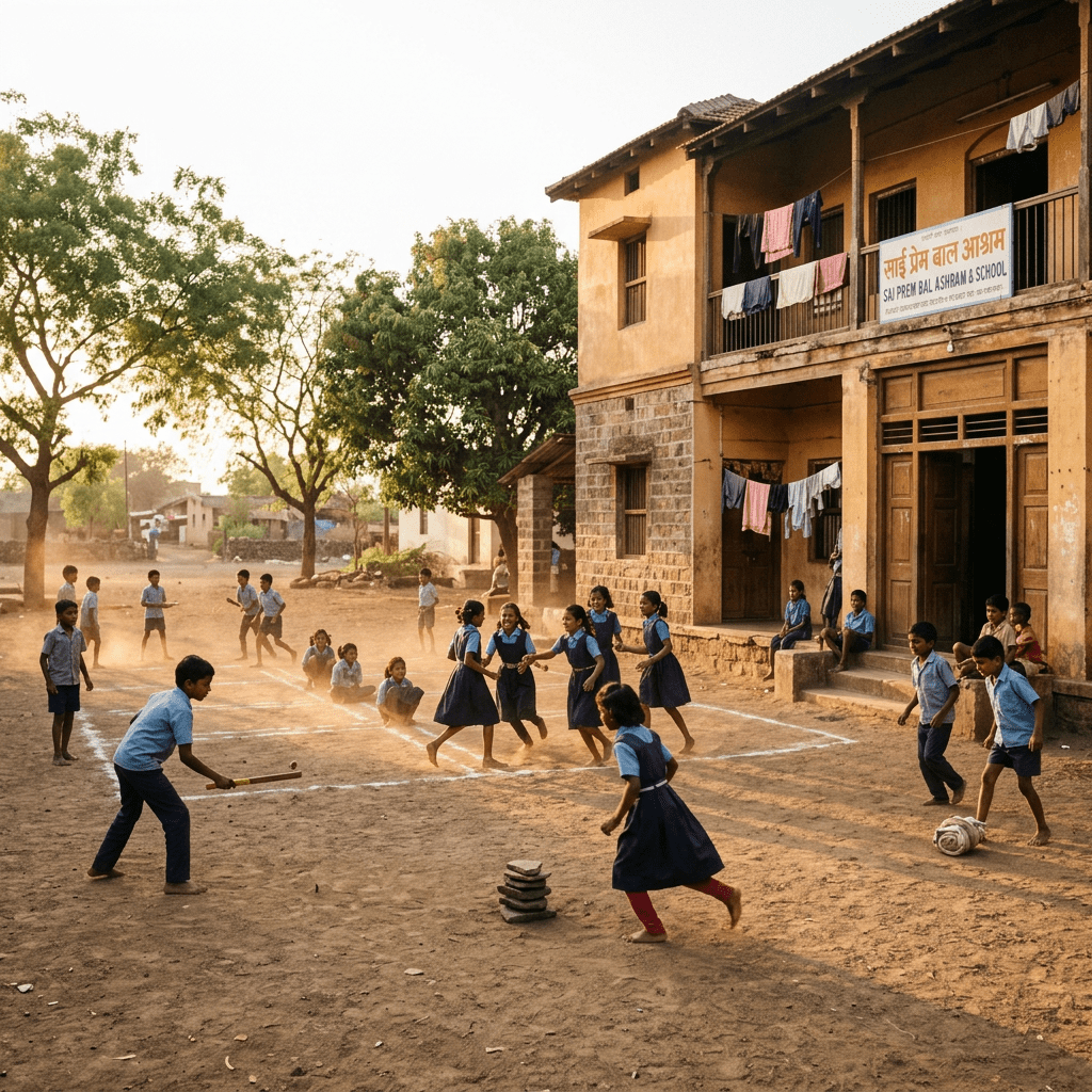 Indian children home and schoolyard playing games