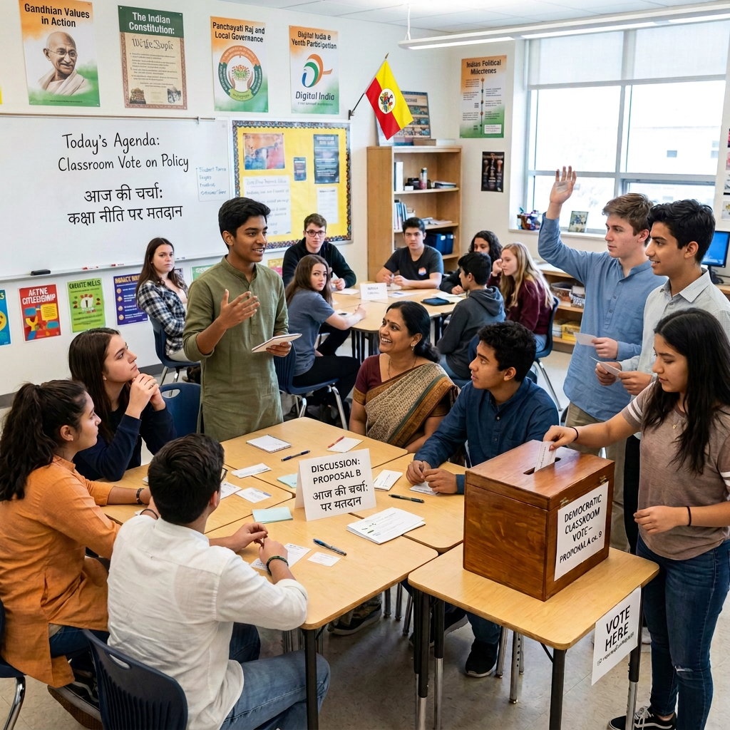 Students in a classroom discussing renewable energy and voting projects