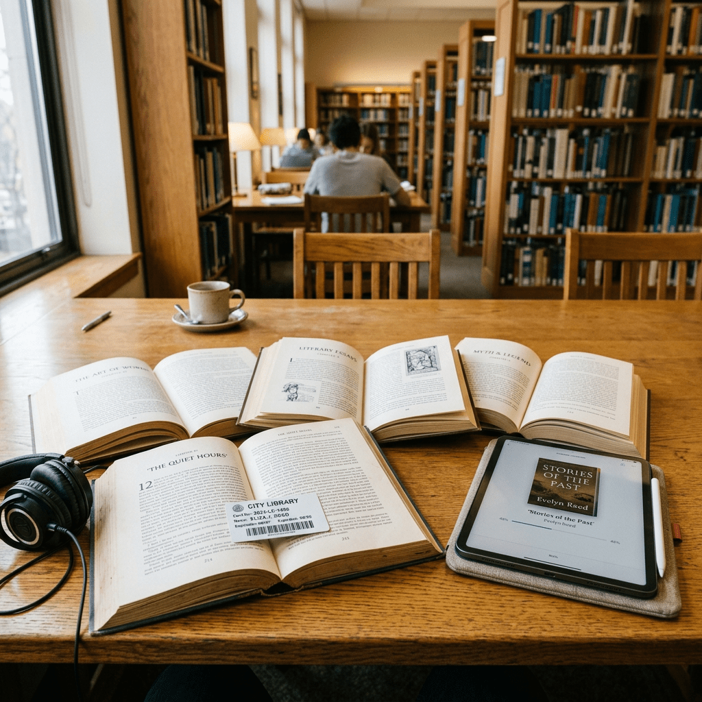 Open books, coffee, headphones, and e-reader on a library table